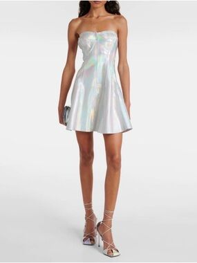 Norma Kamali Grace Holographic Silver Strapless Fit & Flare Mini Dress L